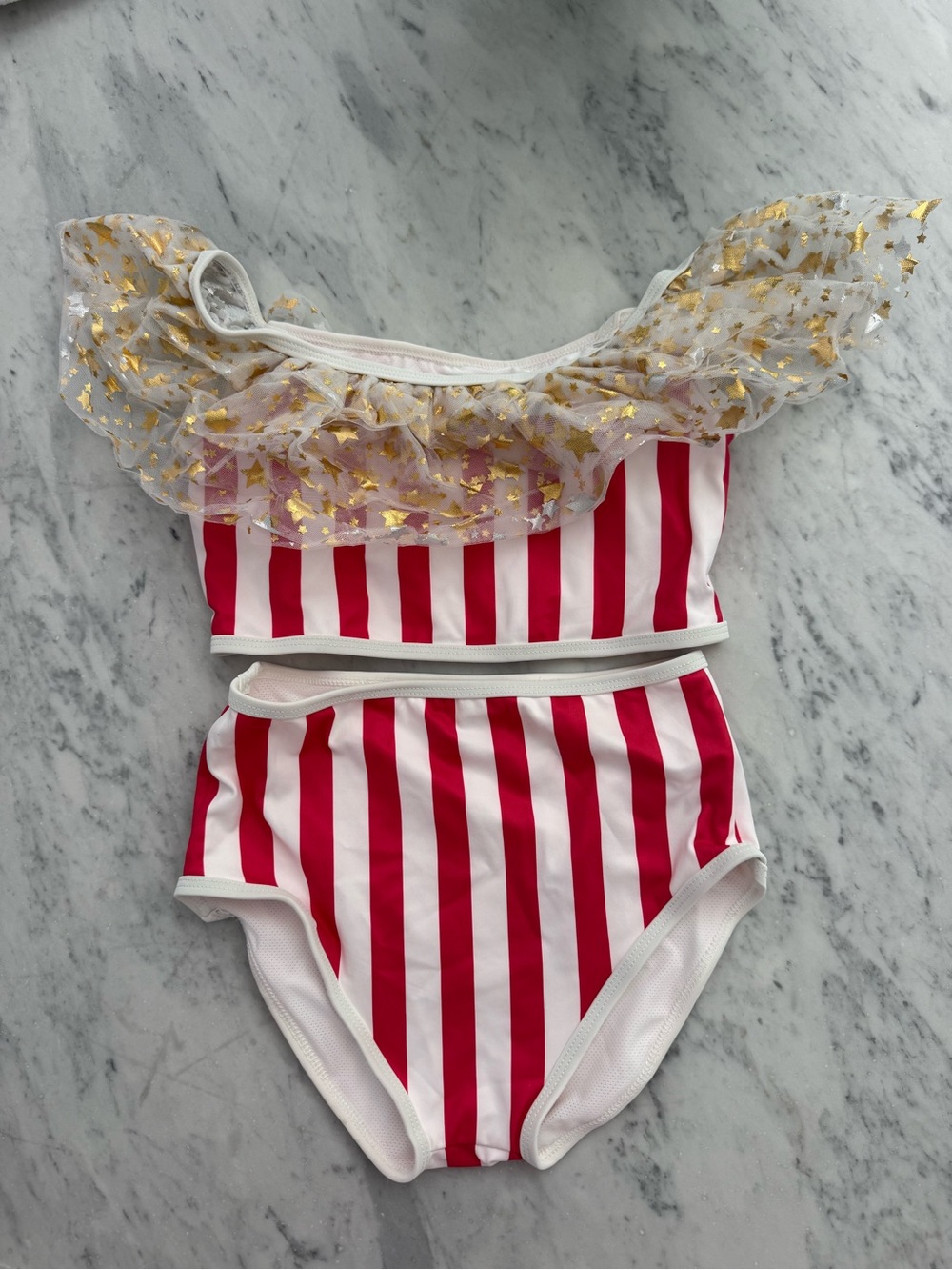 Red & White Striped Two-Piece Swimsuit with Gold Star Ruffle